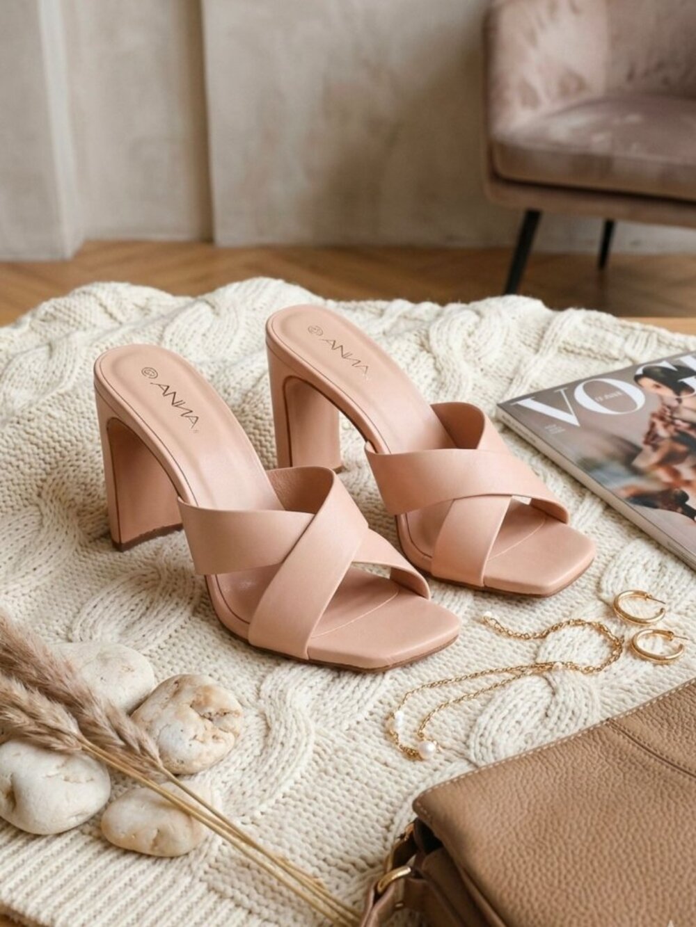 Nude Block Heel Sandals With Cross-Strap Design For Women